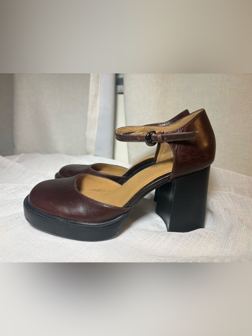 Crown Vintage Greeta Brown Genuine Leather Mary Jane Platform Heels 7.5M Chunky - Picture 13 of 14